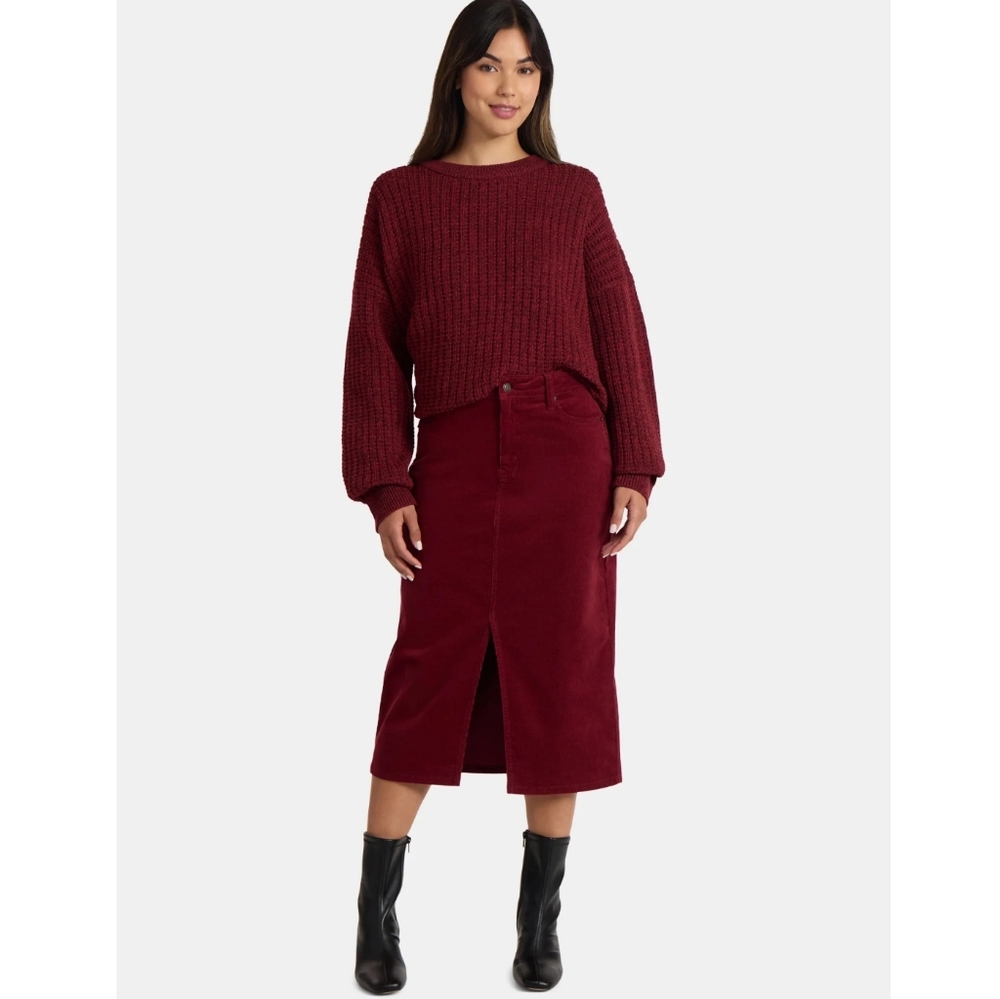 Time & Tru‎ Corduroy Midi Skirt Wine Burgundy Front Slit Size 0 NWT